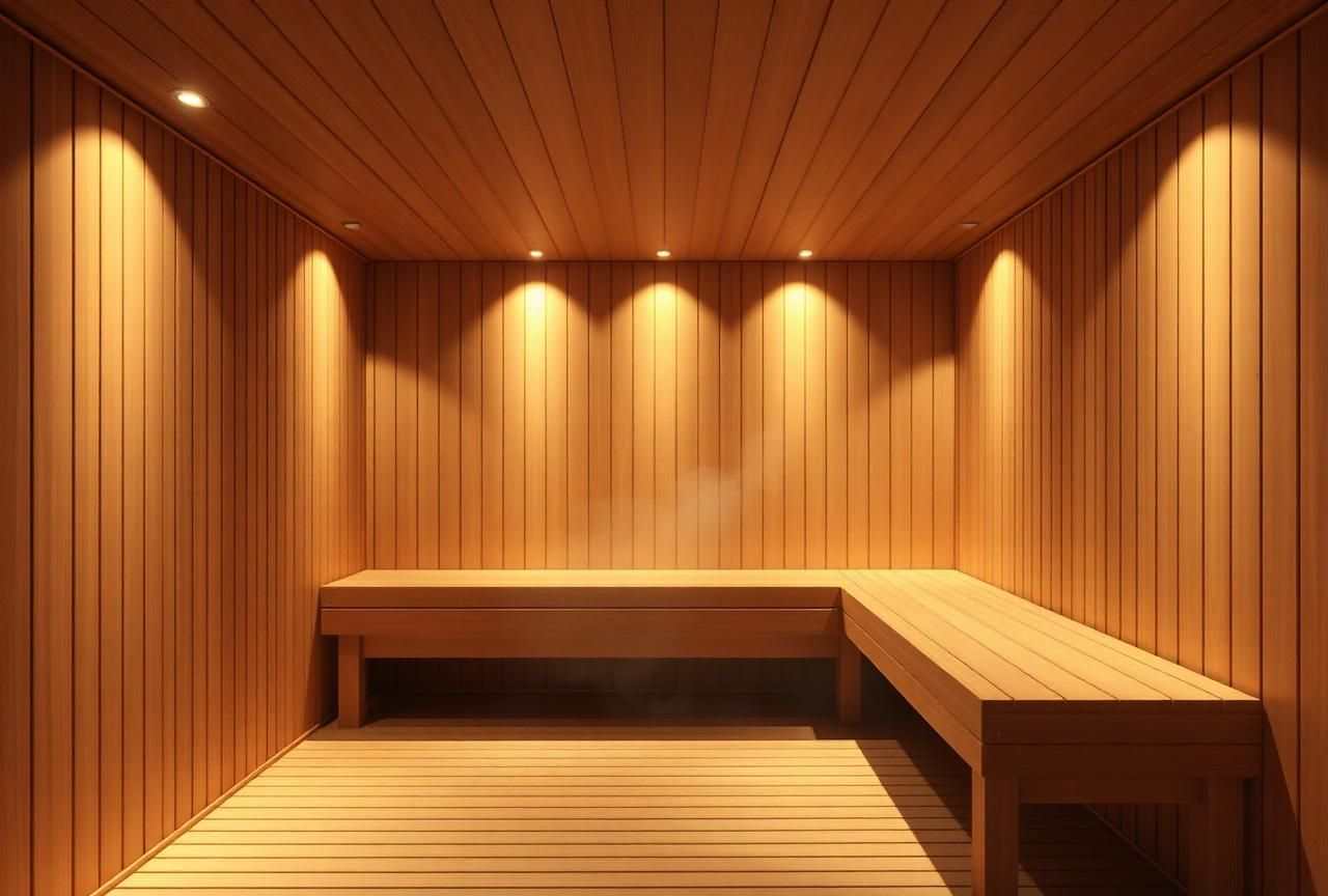 Warm wooden infrared sauna interior with benches and recessed ceiling lights
